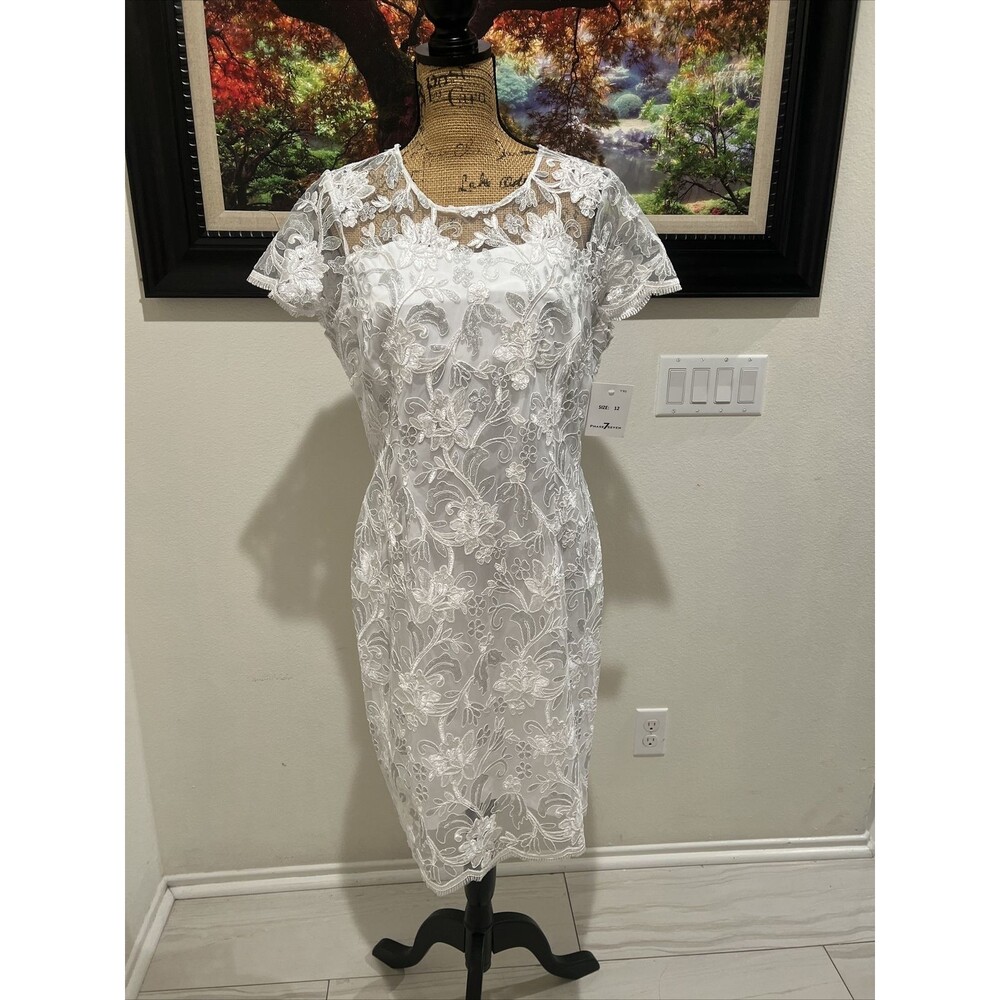 Phase7 NY White Short Sleeve Floral Embroidered Lace Knee Length Dress Size 12